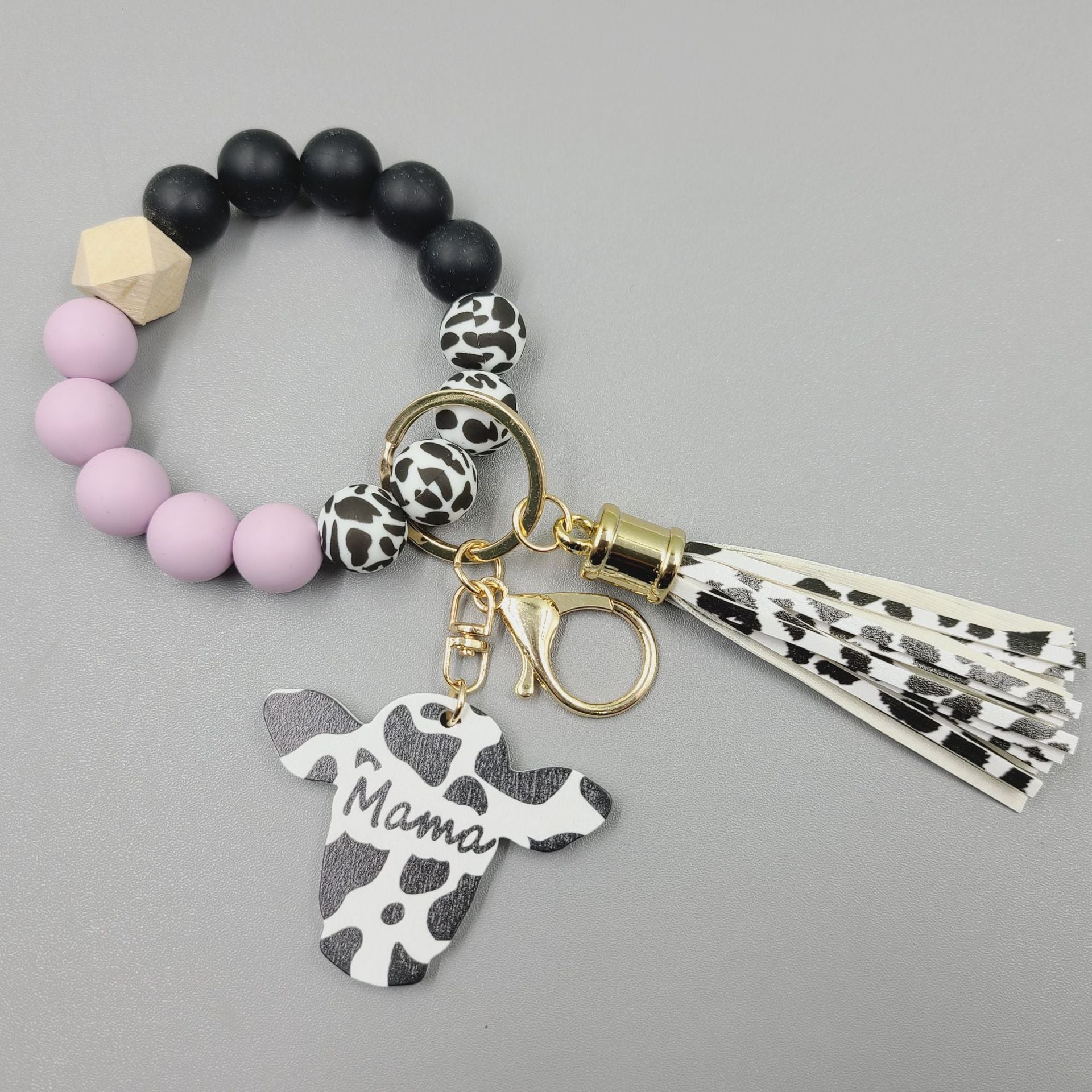 Wholesale Western Style Wood Chips MAMA Bull Head Silicone Beads Bracelet Keychain